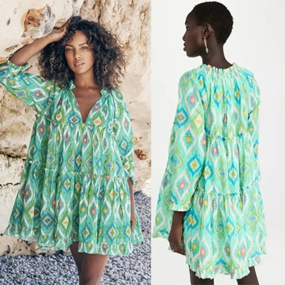 Charina Sarte Cotton Ikat Print Swing Mini Dress in Aqua